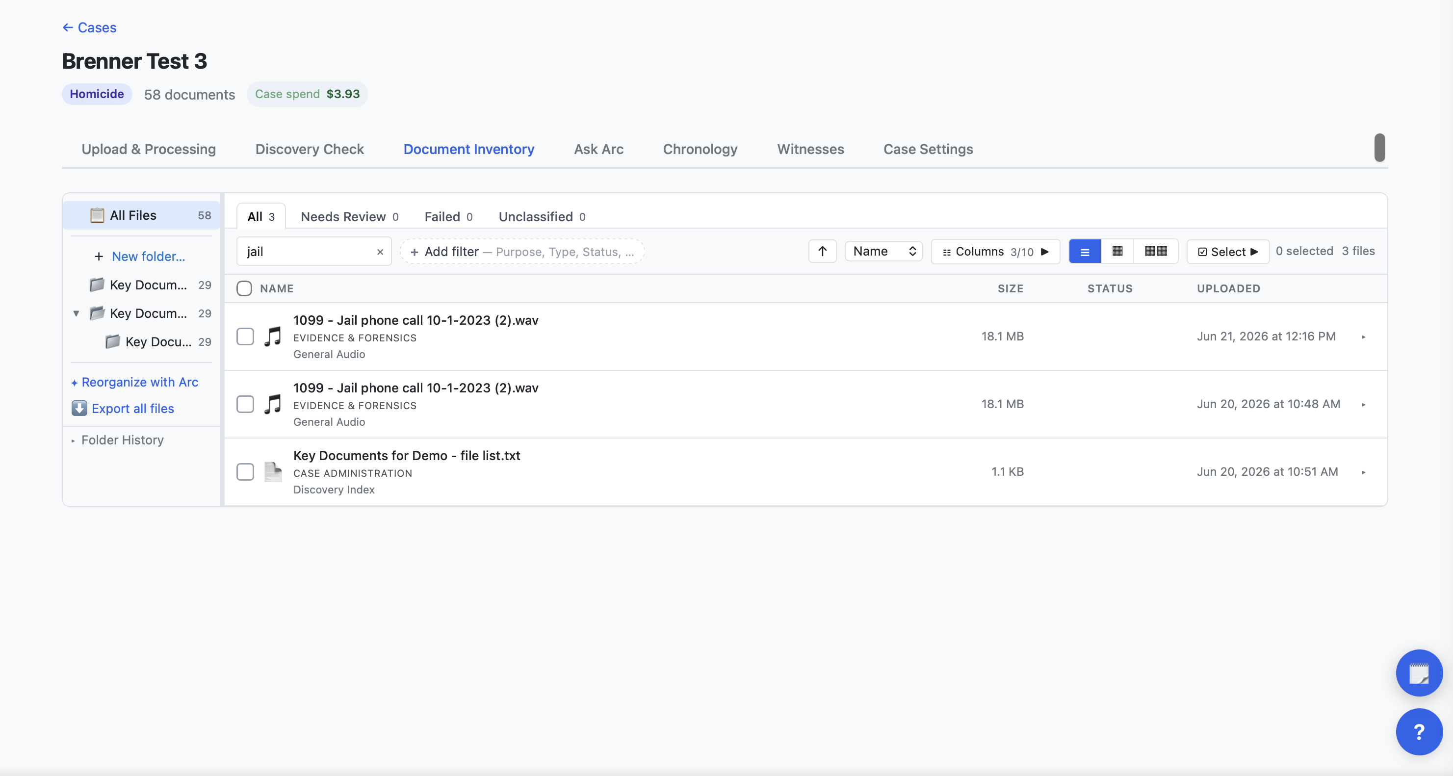 Document Inventory search — find every document across the case that mentions your term.