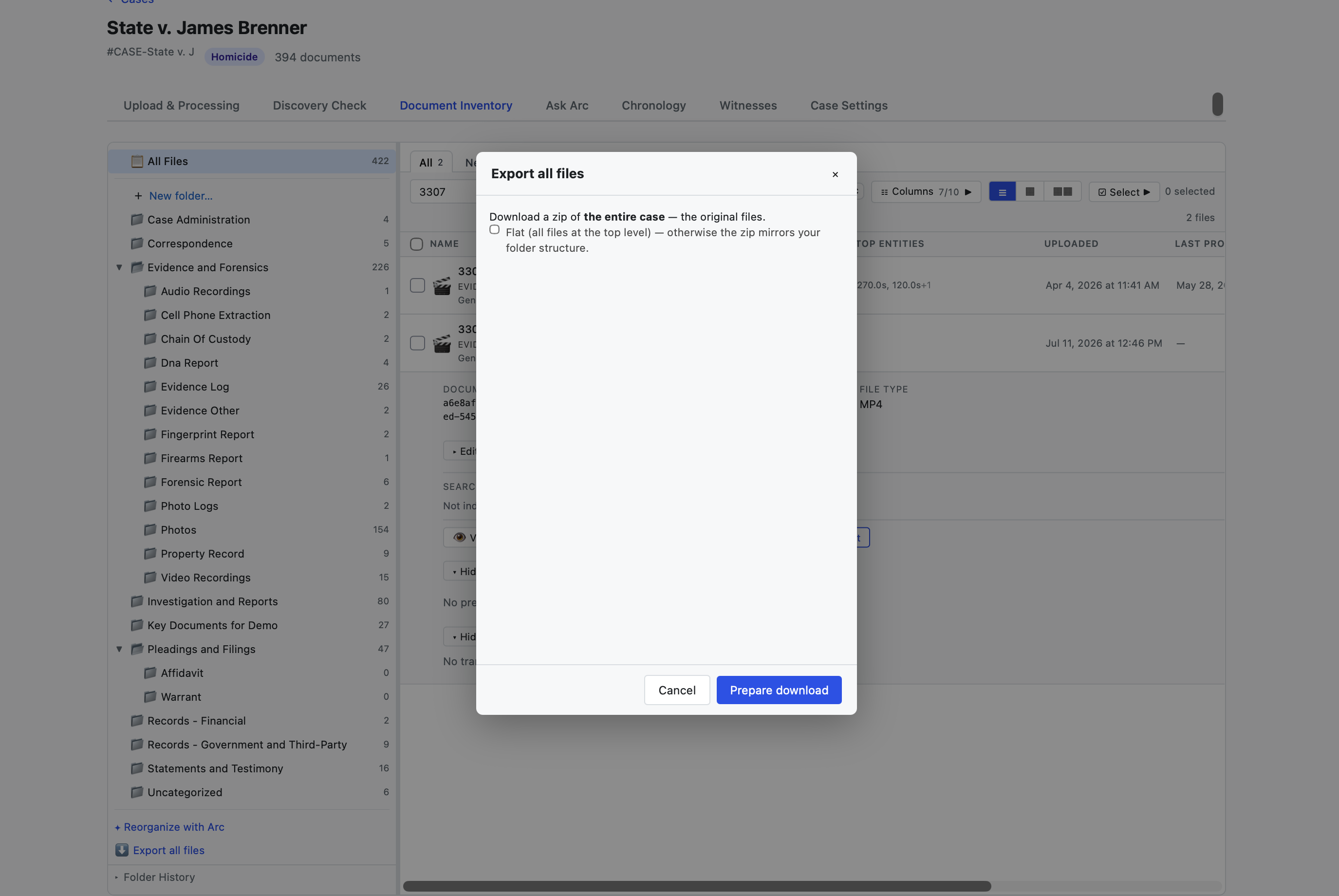 Export all files — a zip of the entire case that mirrors your folder structure (or flat, if you prefer).