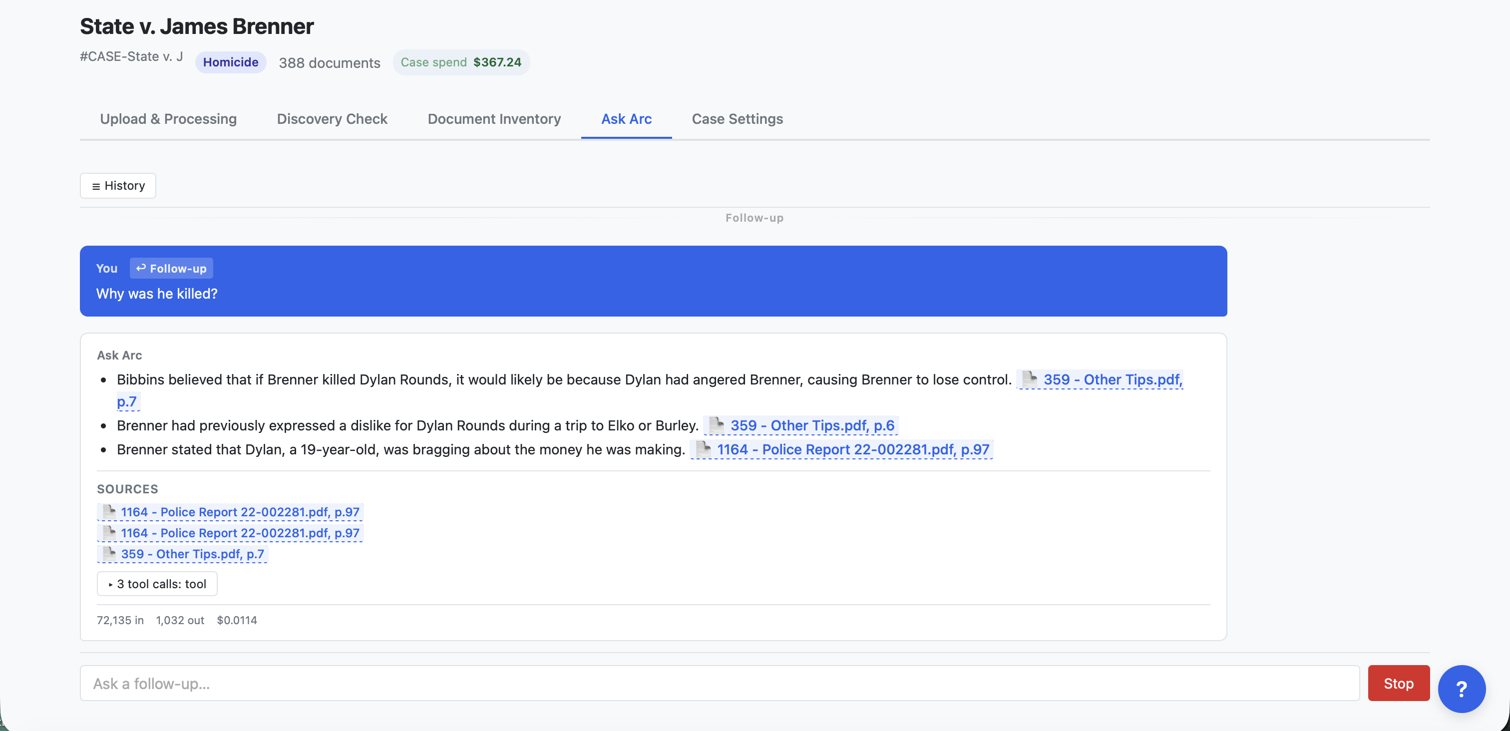 ChargeStack Arc — Ask Arc agent interface: question with a cited multi-bullet answer, inline file citations, sources panel, and visible tool-call metadata.