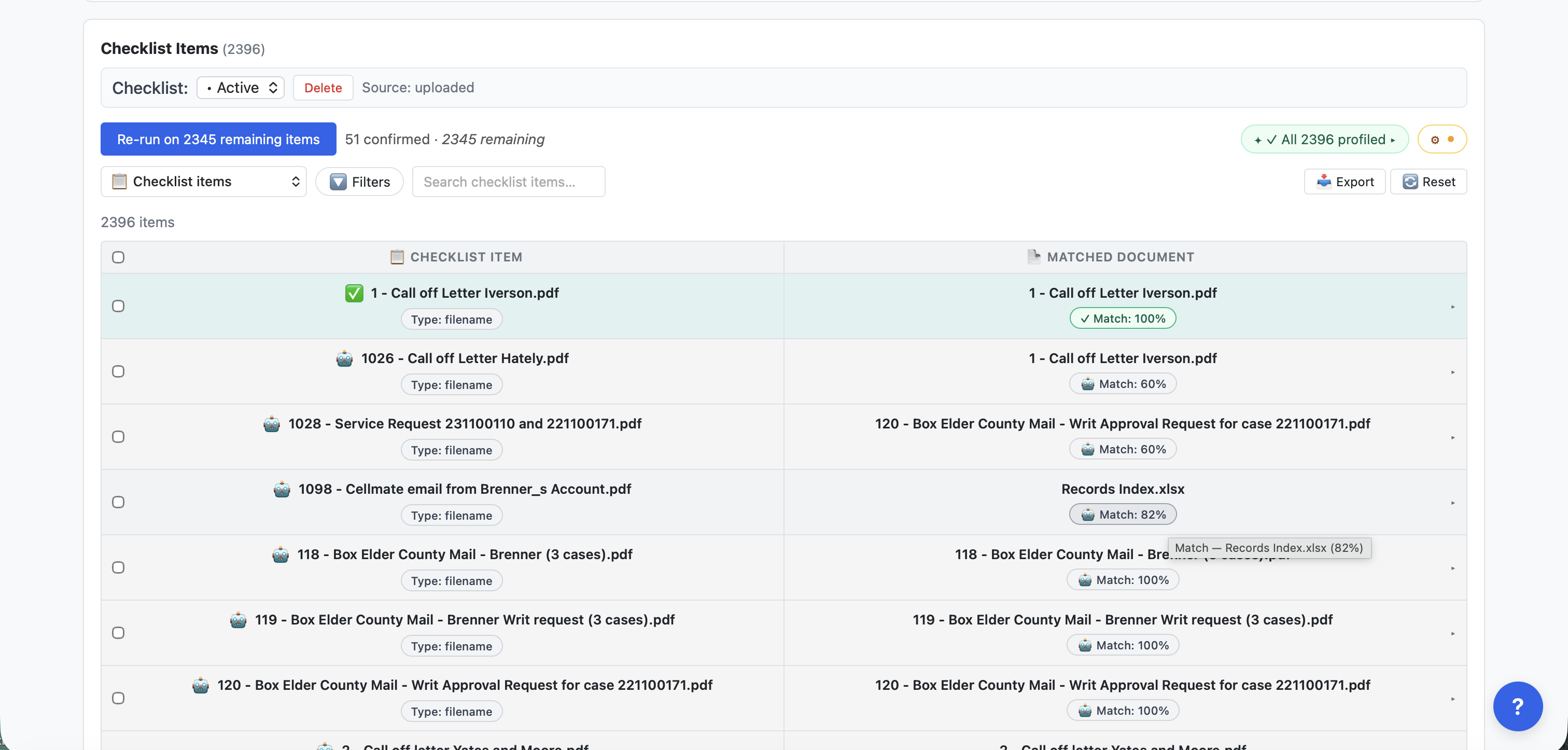 ChargeStack Arc — Discovery Check: checklist matching dashboard showing total, confirmed, and per-item match scores.