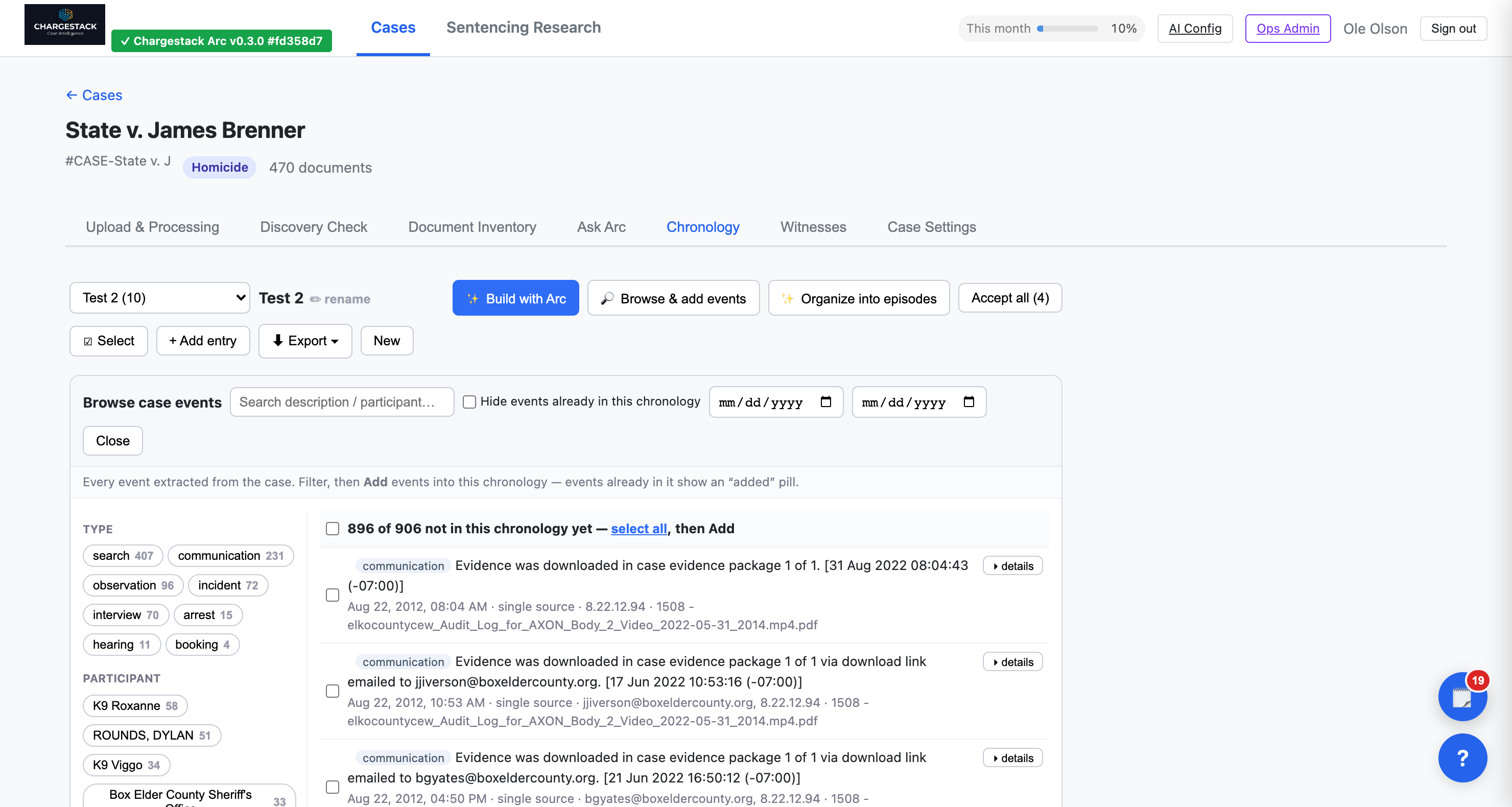ChargeStack Arc — Chronology: Build with Arc, Browse & add events, Organize into episodes and Accept all controls above the event browser, which lists every extracted event with its type, date, source count and source document.