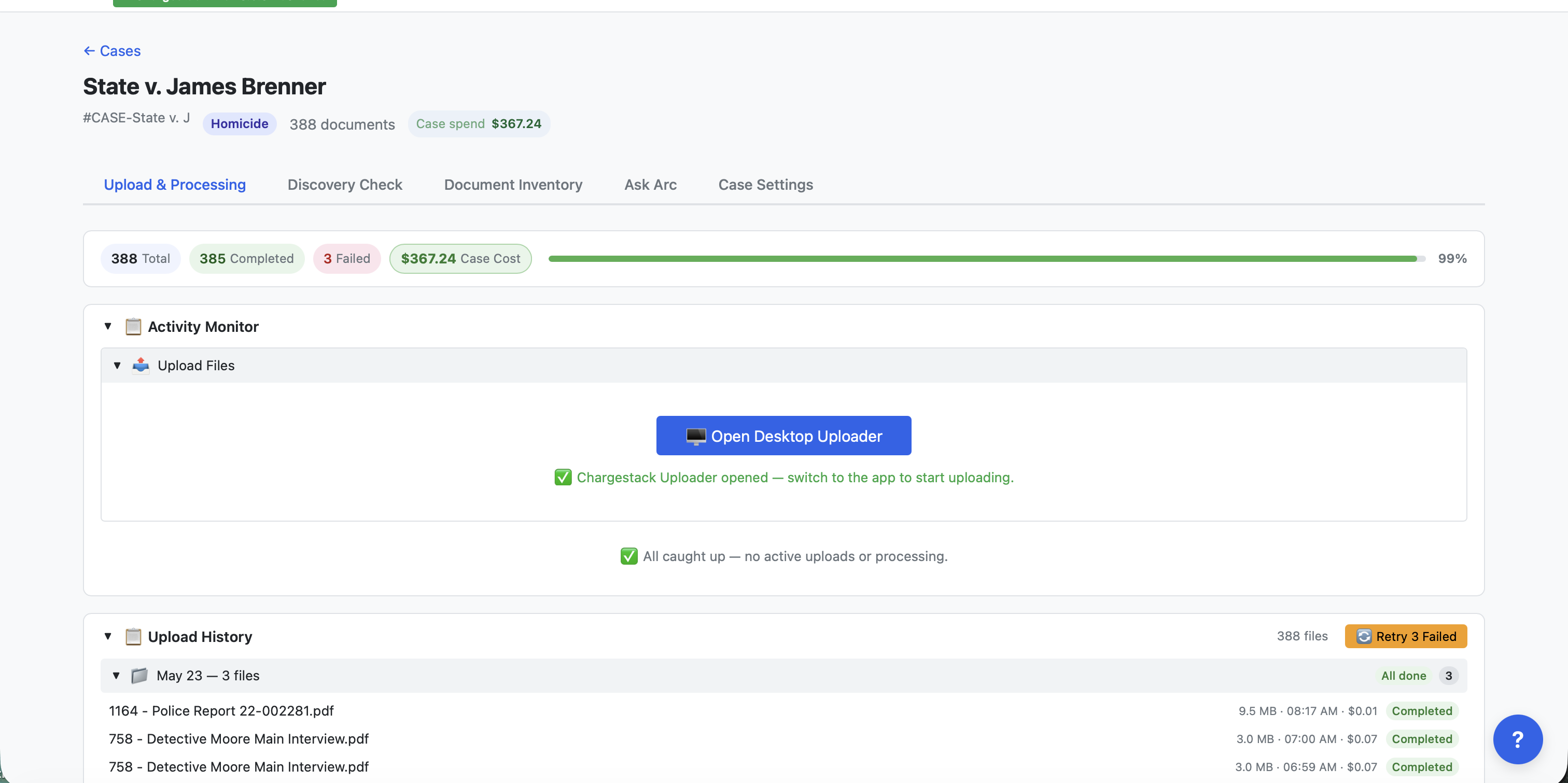 ChargeStack Arc — case dashboard showing ingestion progress, document totals, and live case cost.