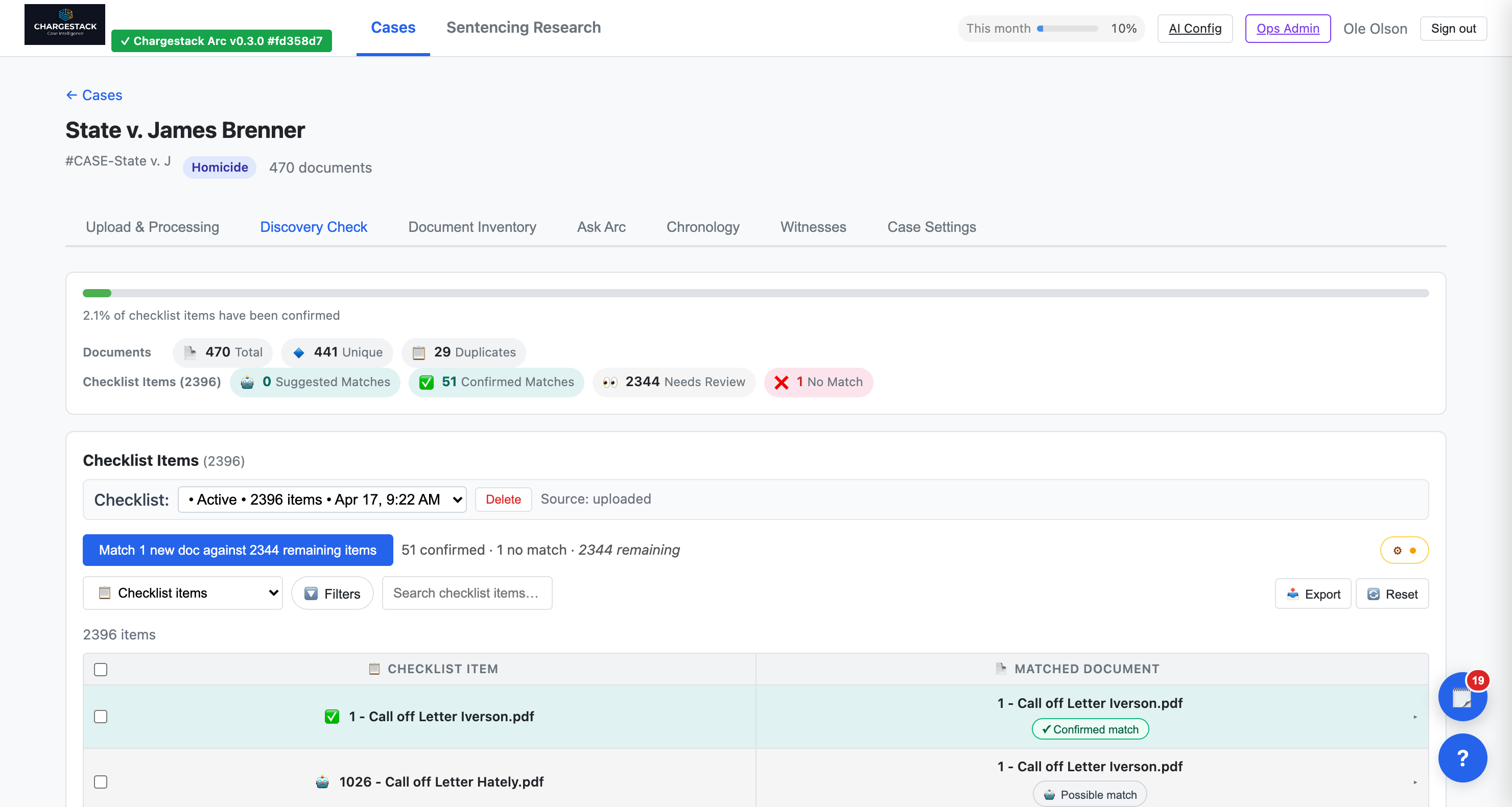 ChargeStack Arc — Discovery Check: checklist summary with confirmed, needs-review and no-match counts, a button to match new documents against the remaining items, and the item list with confirmed and possible matches.