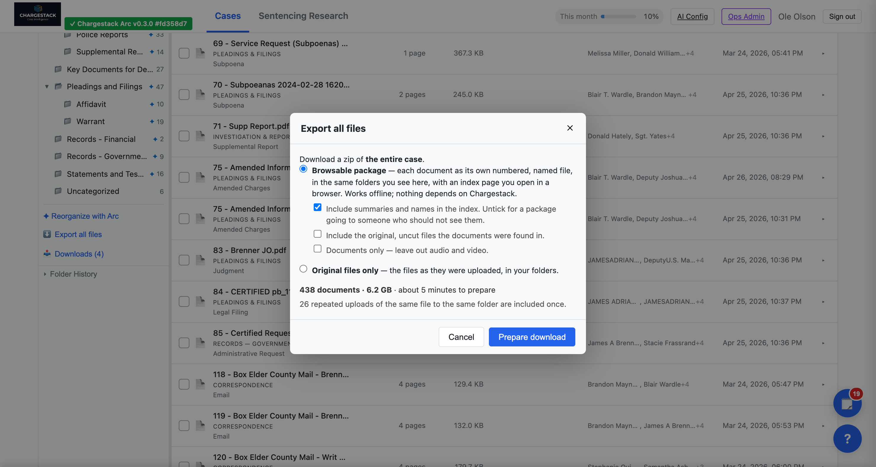 ChargeStack Arc — Export all files: a browsable package of the entire case in the folders shown in the app with an index page that works offline, options to include summaries, original uncut files, or documents only, and the size and preparation time.