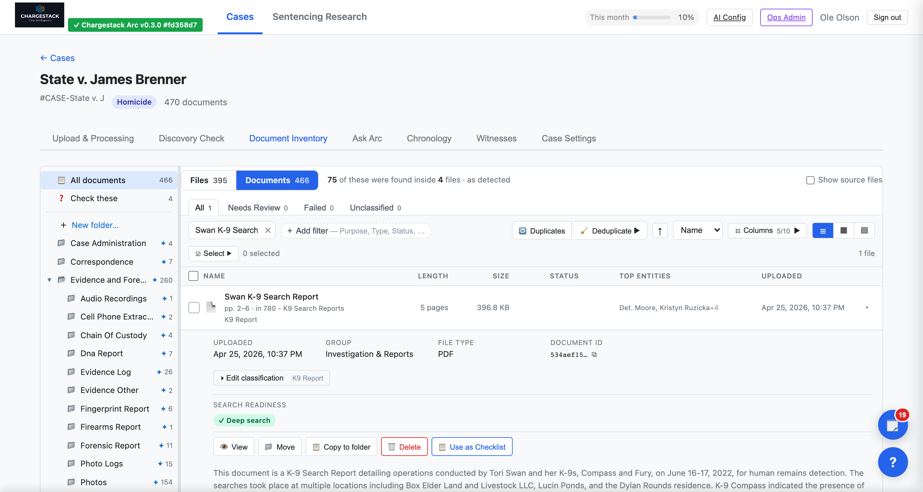 ChargeStack Arc — Document Inventory in Documents view: 466 documents found across 395 files, 75 of them found inside 4 long PDFs; a K-9 search report opened on pages 2–6 of its source file with its summary and search readiness.