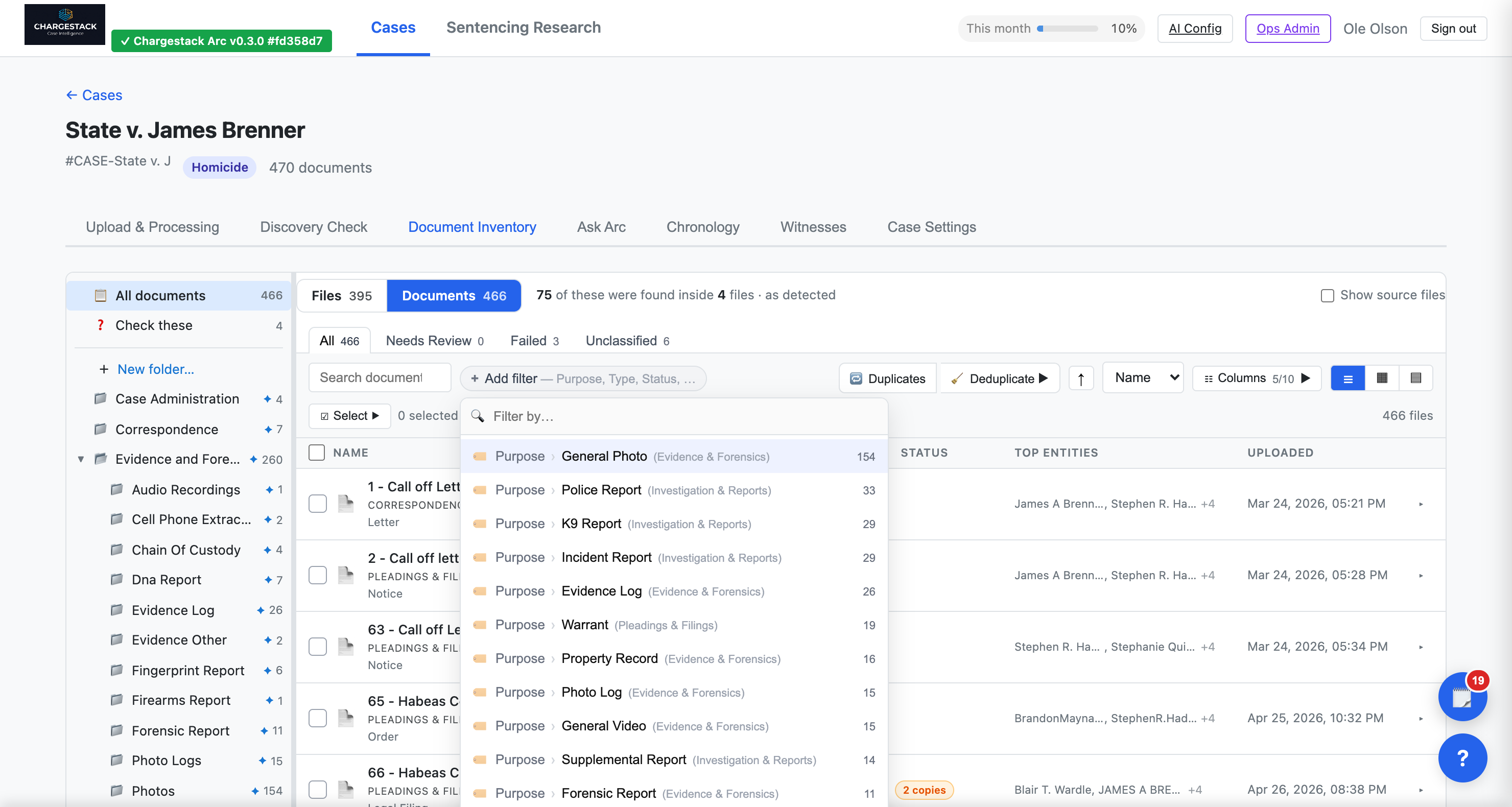 ChargeStack Arc — Document Inventory with the Add filter menu open: purposes such as General Photo, Police Report, K9 Report and Warrant, each with a document count; saved-view tabs and the column picker above.