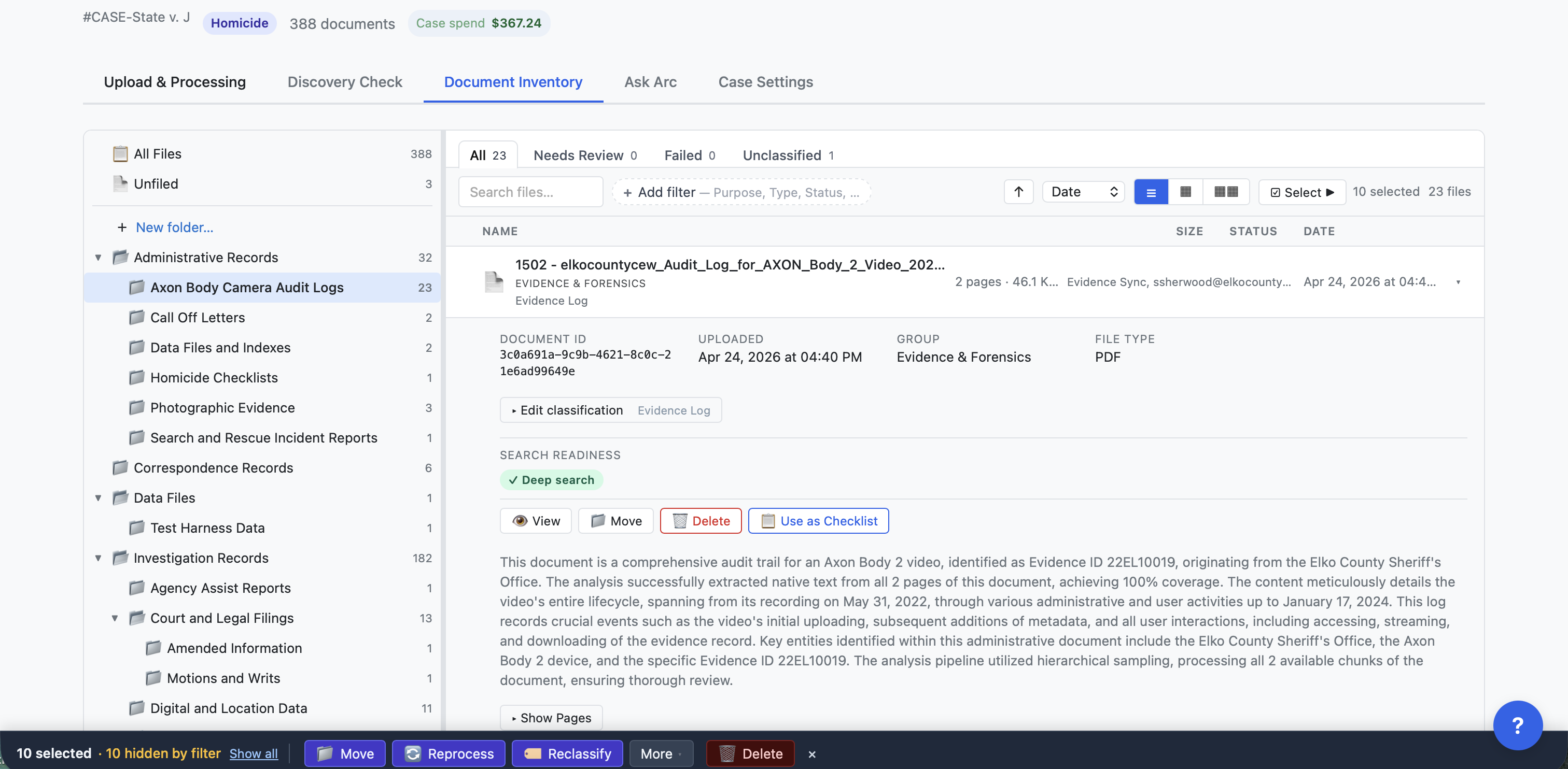 ChargeStack Arc — Document Inventory: entity-organized folder tree with live document classification and deep-search controls.