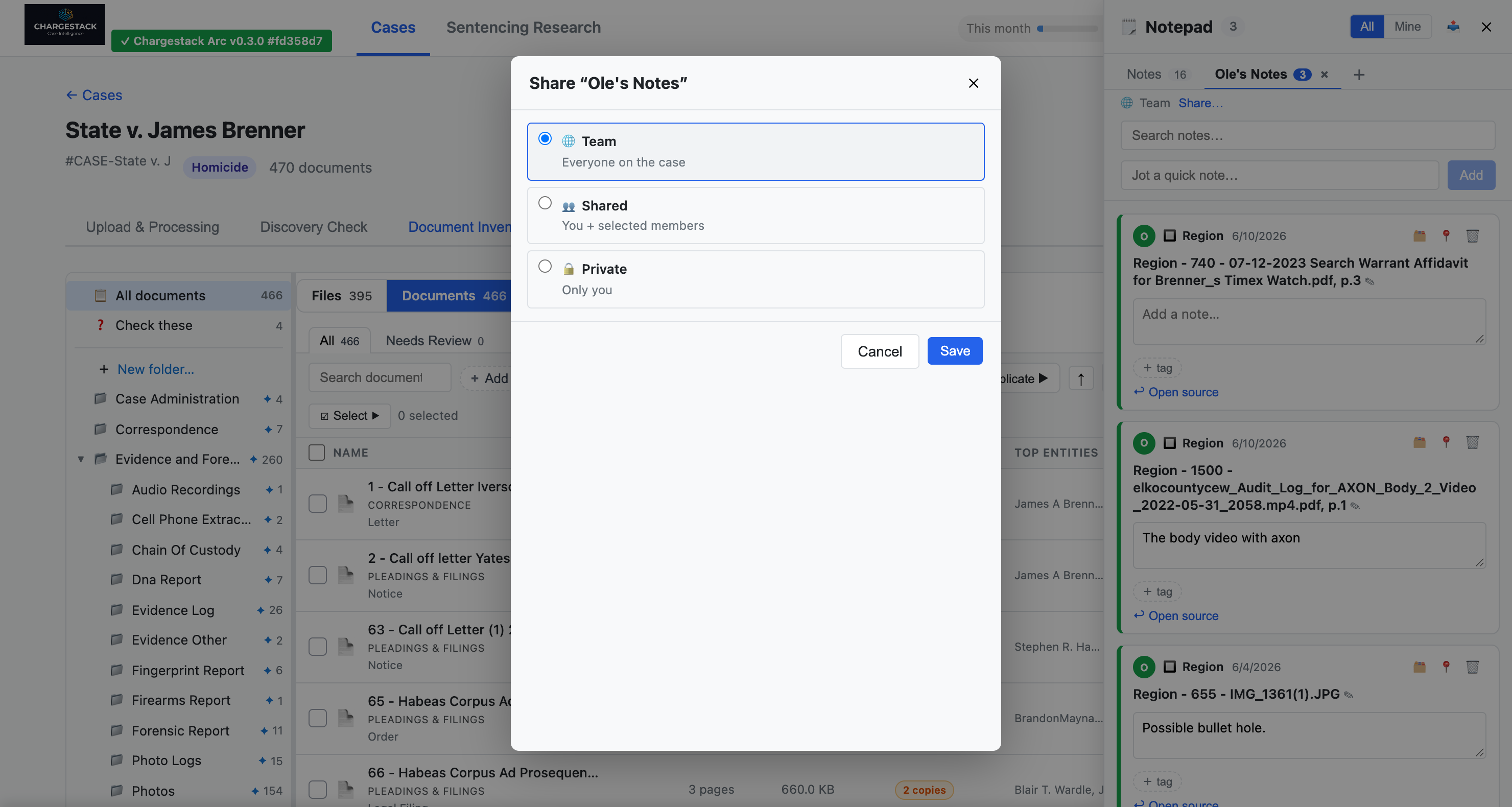 ChargeStack Arc — Notepad drawer beside the inventory, with clips that link back to their source page and the Share dialog offering Team, Shared with selected members, or Private.