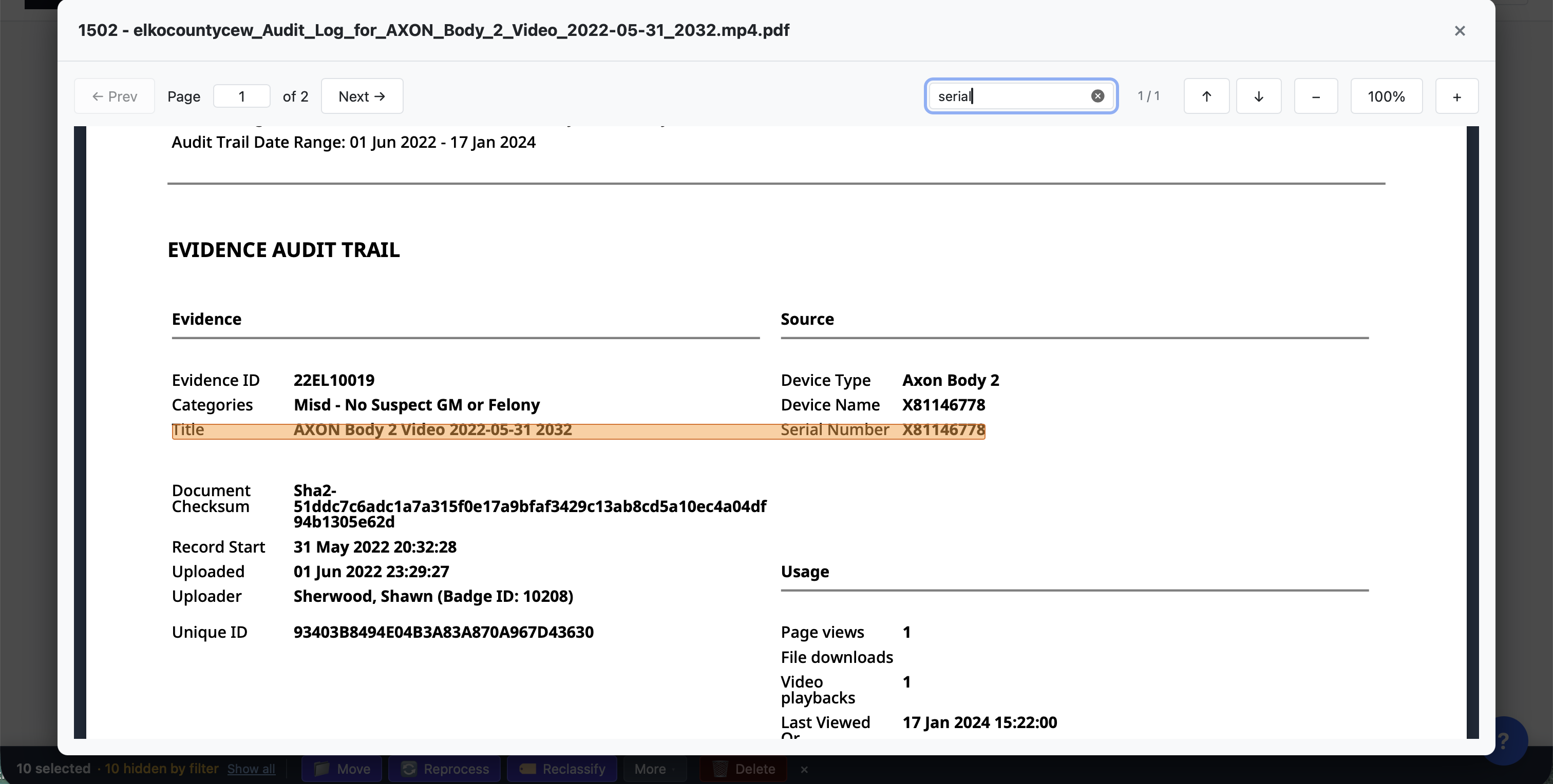 ChargeStack Arc — in-document PDF viewer with text-search highlighting a match for "serial" inside an evidence audit-trail document.