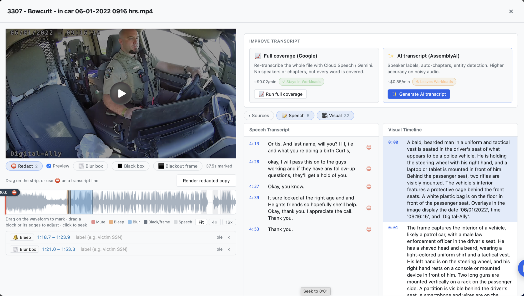 ChargeStack Arc — Redaction Studio in the media viewer: a body-cam video with its waveform marked for muting and bleeping, blur / black-box / blackout-frame controls, a 'Render redacted copy' action, and the synced transcript and visual timeline alongside.